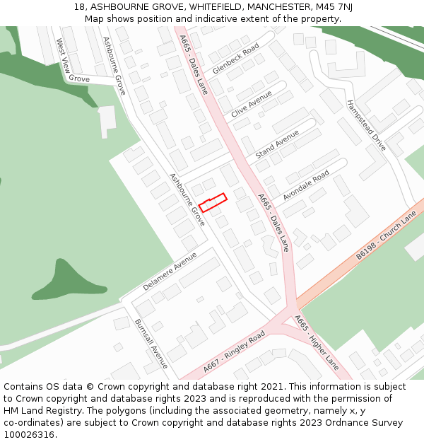 18, ASHBOURNE GROVE, WHITEFIELD, MANCHESTER, M45 7NJ: Location map and indicative extent of plot