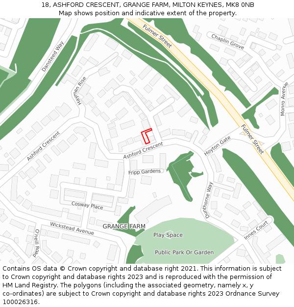 18, ASHFORD CRESCENT, GRANGE FARM, MILTON KEYNES, MK8 0NB: Location map and indicative extent of plot