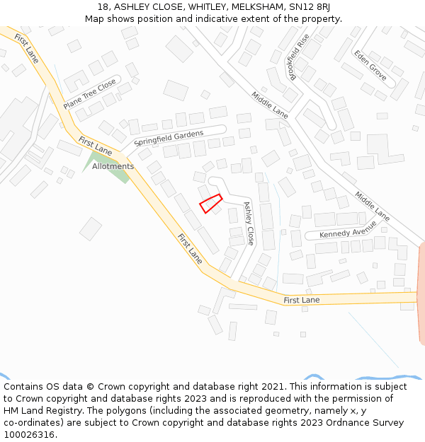 18, ASHLEY CLOSE, WHITLEY, MELKSHAM, SN12 8RJ: Location map and indicative extent of plot