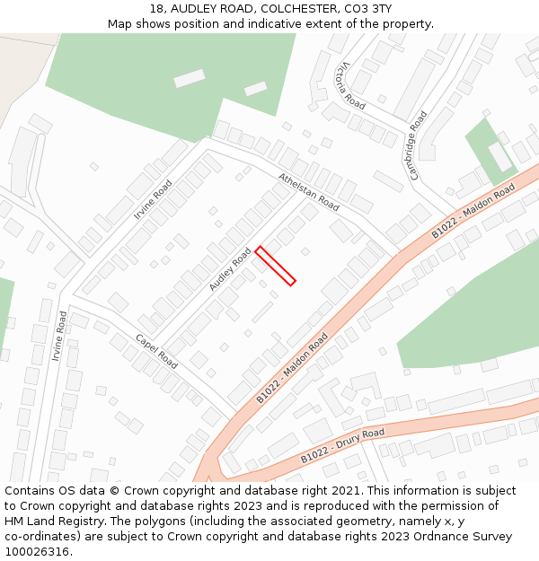 18, AUDLEY ROAD, COLCHESTER, CO3 3TY: Location map and indicative extent of plot