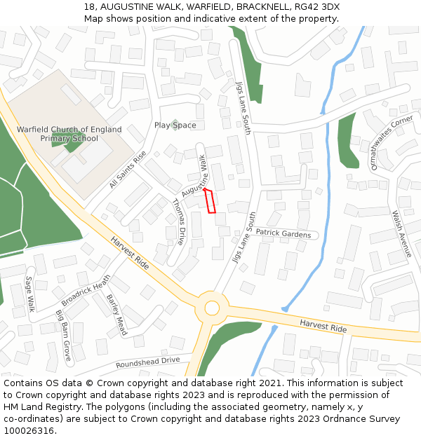 18, AUGUSTINE WALK, WARFIELD, BRACKNELL, RG42 3DX: Location map and indicative extent of plot
