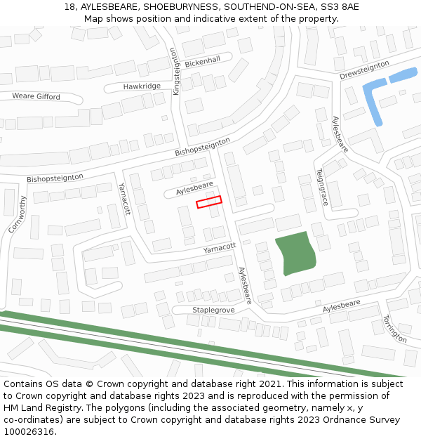 18, AYLESBEARE, SHOEBURYNESS, SOUTHEND-ON-SEA, SS3 8AE: Location map and indicative extent of plot