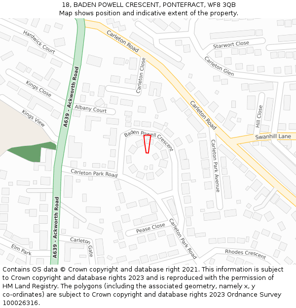 18, BADEN POWELL CRESCENT, PONTEFRACT, WF8 3QB: Location map and indicative extent of plot