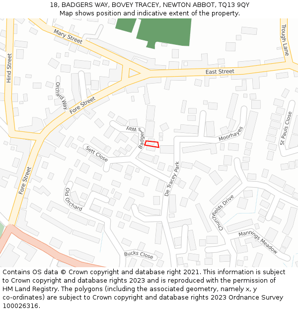 18, BADGERS WAY, BOVEY TRACEY, NEWTON ABBOT, TQ13 9QY: Location map and indicative extent of plot