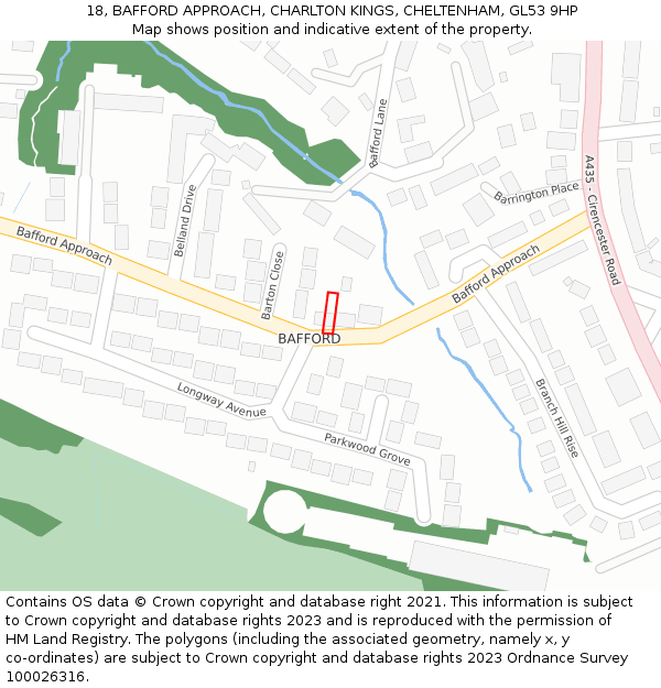 18, BAFFORD APPROACH, CHARLTON KINGS, CHELTENHAM, GL53 9HP: Location map and indicative extent of plot