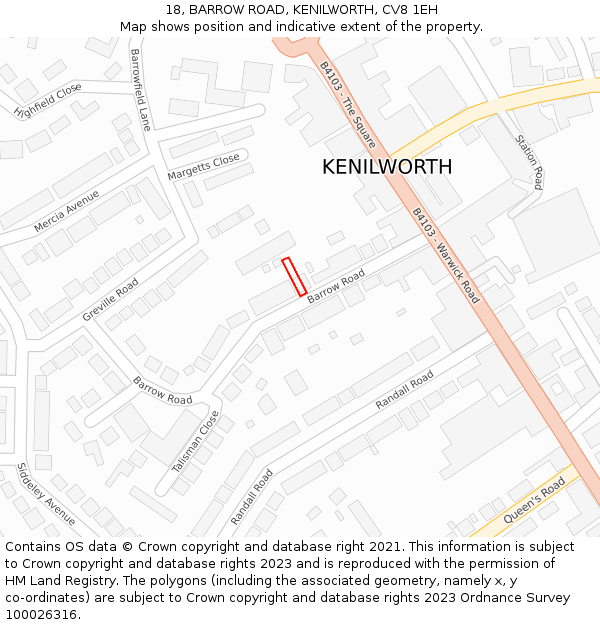 18, BARROW ROAD, KENILWORTH, CV8 1EH: Location map and indicative extent of plot