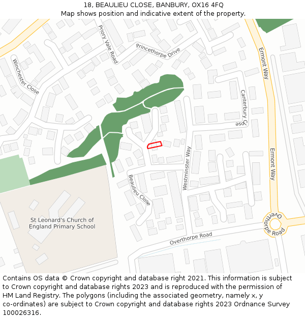 18, BEAULIEU CLOSE, BANBURY, OX16 4FQ: Location map and indicative extent of plot