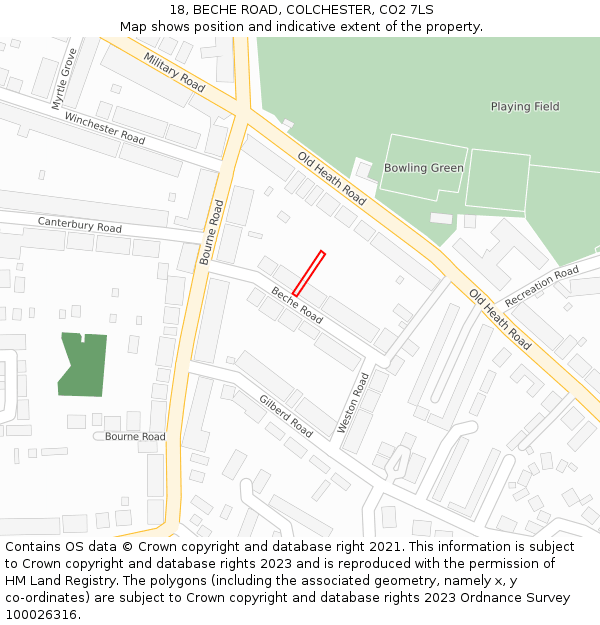 18, BECHE ROAD, COLCHESTER, CO2 7LS: Location map and indicative extent of plot