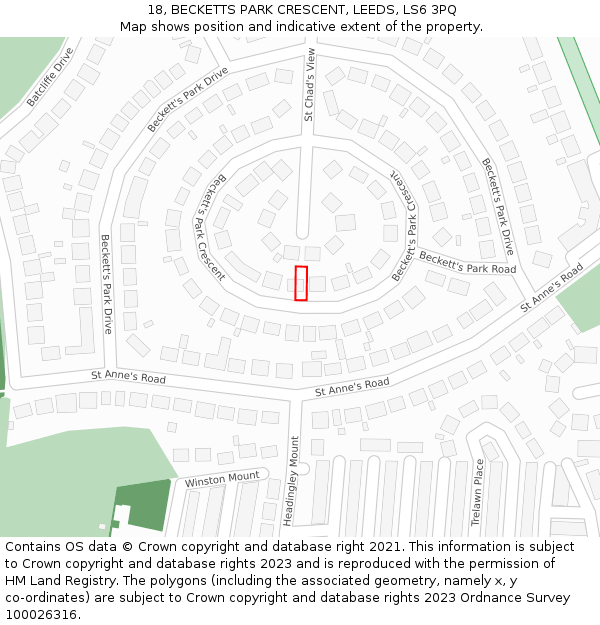 18, BECKETTS PARK CRESCENT, LEEDS, LS6 3PQ: Location map and indicative extent of plot