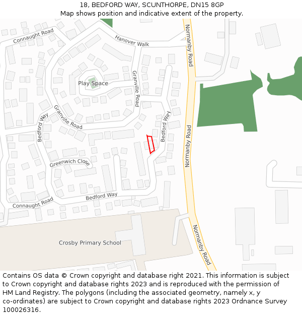 18, BEDFORD WAY, SCUNTHORPE, DN15 8GP: Location map and indicative extent of plot