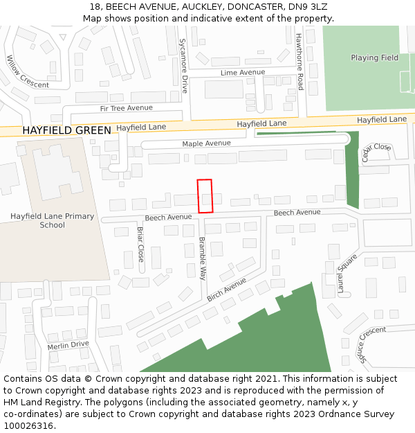 18, BEECH AVENUE, AUCKLEY, DONCASTER, DN9 3LZ: Location map and indicative extent of plot