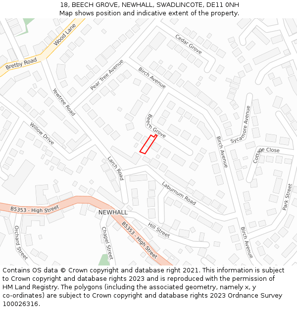 18, BEECH GROVE, NEWHALL, SWADLINCOTE, DE11 0NH: Location map and indicative extent of plot