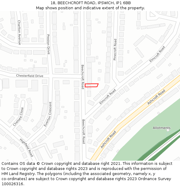 18, BEECHCROFT ROAD, IPSWICH, IP1 6BB: Location map and indicative extent of plot