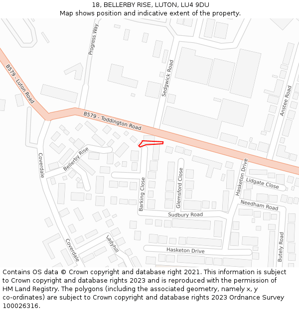 18, BELLERBY RISE, LUTON, LU4 9DU: Location map and indicative extent of plot