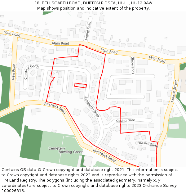 18, BELLSGARTH ROAD, BURTON PIDSEA, HULL, HU12 9AW: Location map and indicative extent of plot