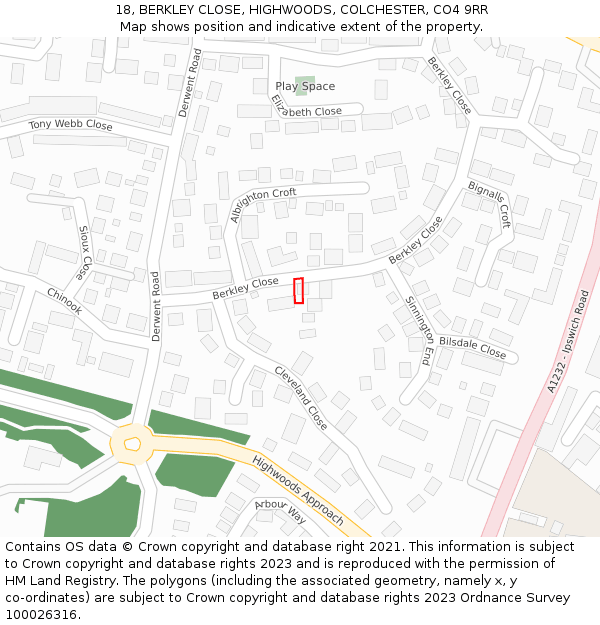 18, BERKLEY CLOSE, HIGHWOODS, COLCHESTER, CO4 9RR: Location map and indicative extent of plot