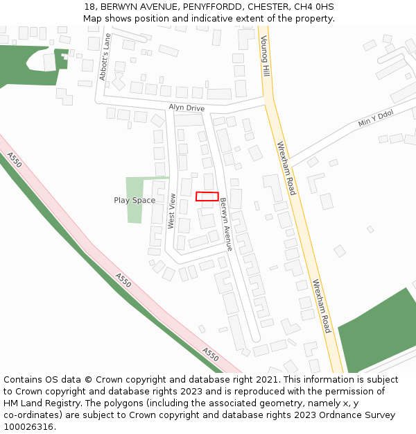 18, BERWYN AVENUE, PENYFFORDD, CHESTER, CH4 0HS: Location map and indicative extent of plot