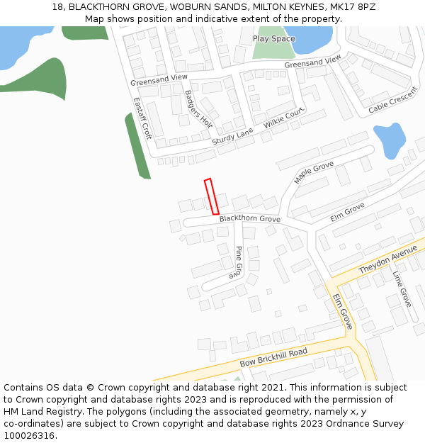 18, BLACKTHORN GROVE, WOBURN SANDS, MILTON KEYNES, MK17 8PZ: Location map and indicative extent of plot