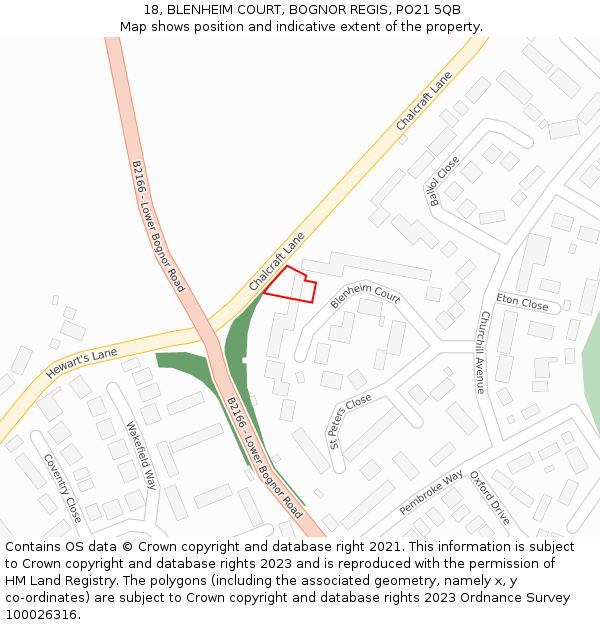 18, BLENHEIM COURT, BOGNOR REGIS, PO21 5QB: Location map and indicative extent of plot