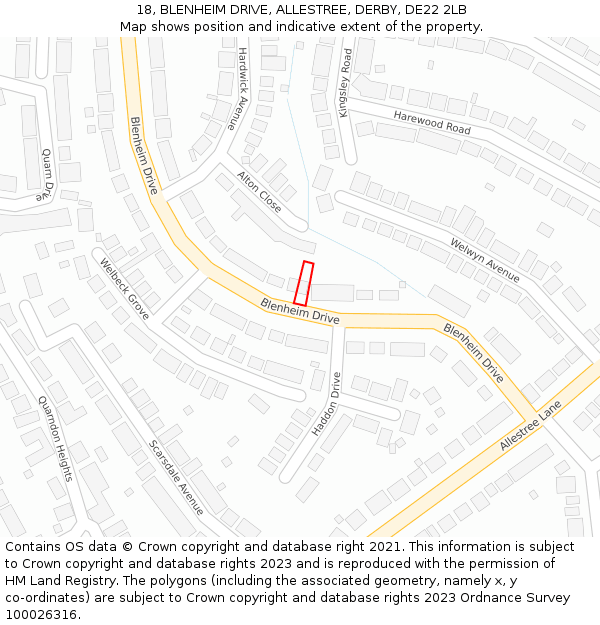 18, BLENHEIM DRIVE, ALLESTREE, DERBY, DE22 2LB: Location map and indicative extent of plot