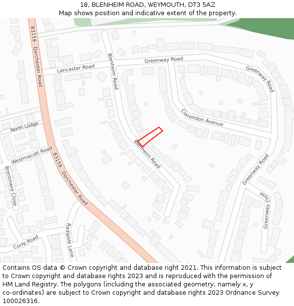 18, BLENHEIM ROAD, WEYMOUTH, DT3 5AZ: Location map and indicative extent of plot