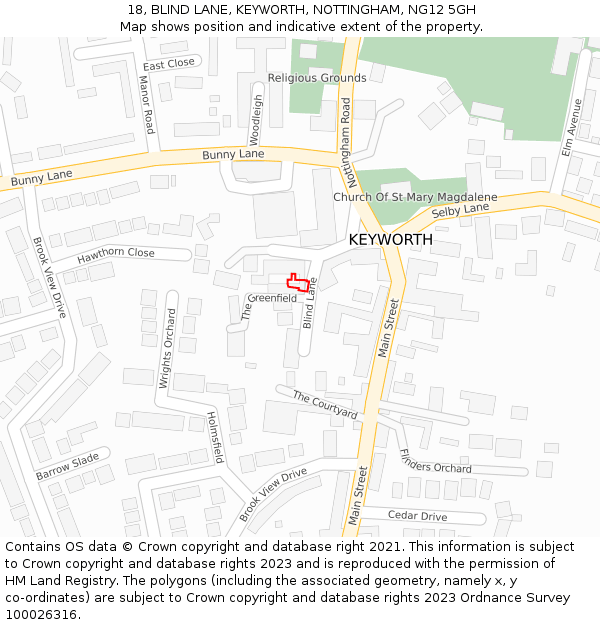 18, BLIND LANE, KEYWORTH, NOTTINGHAM, NG12 5GH: Location map and indicative extent of plot