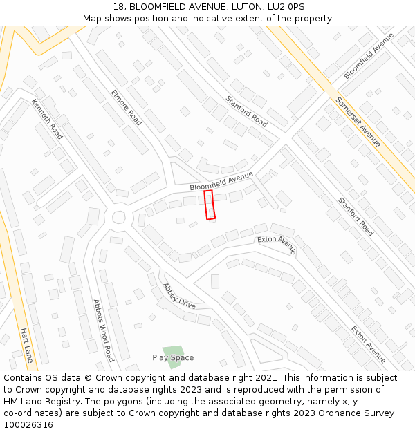 18, BLOOMFIELD AVENUE, LUTON, LU2 0PS: Location map and indicative extent of plot