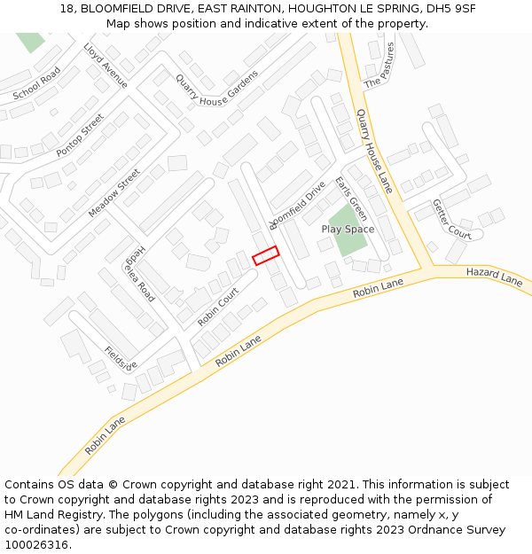 18, BLOOMFIELD DRIVE, EAST RAINTON, HOUGHTON LE SPRING, DH5 9SF: Location map and indicative extent of plot