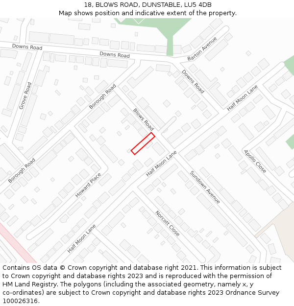 18, BLOWS ROAD, DUNSTABLE, LU5 4DB: Location map and indicative extent of plot