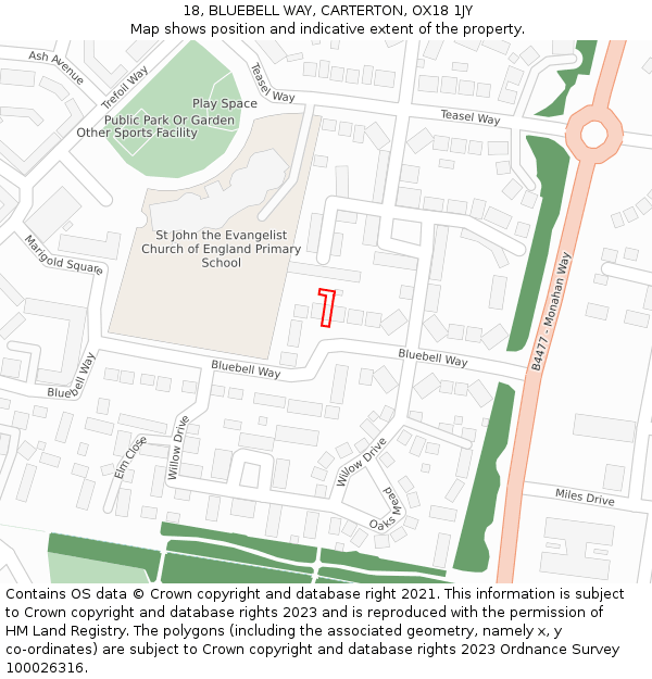 18, BLUEBELL WAY, CARTERTON, OX18 1JY: Location map and indicative extent of plot