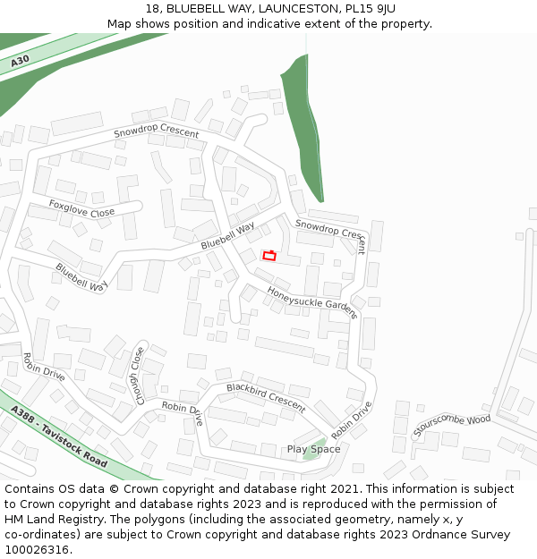 18, BLUEBELL WAY, LAUNCESTON, PL15 9JU: Location map and indicative extent of plot