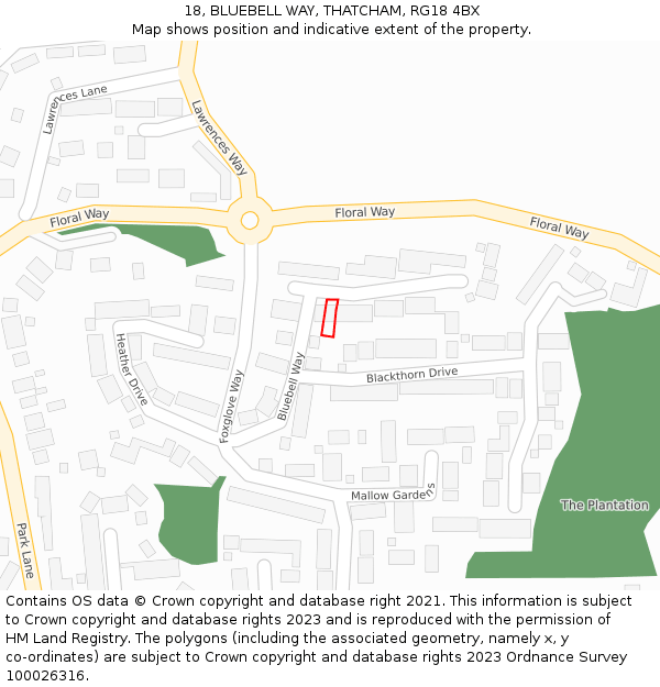 18, BLUEBELL WAY, THATCHAM, RG18 4BX: Location map and indicative extent of plot