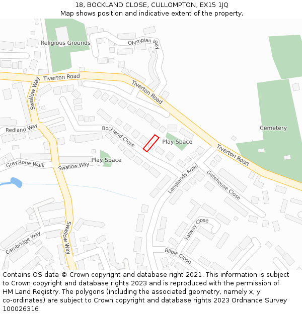18, BOCKLAND CLOSE, CULLOMPTON, EX15 1JQ: Location map and indicative extent of plot