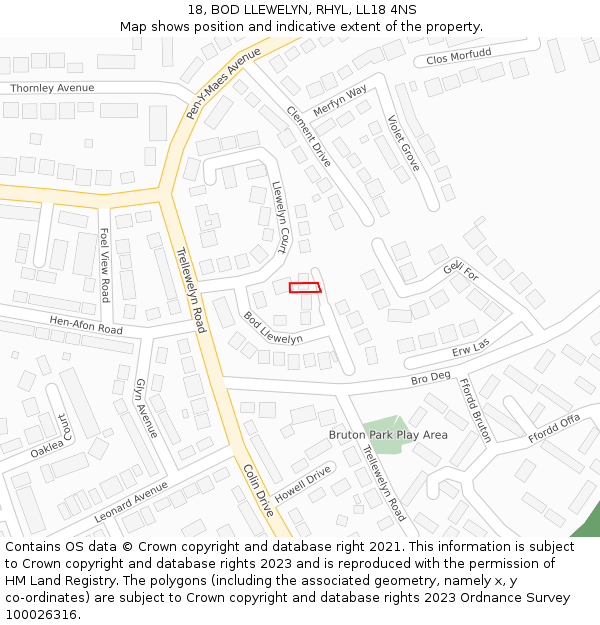 18, BOD LLEWELYN, RHYL, LL18 4NS: Location map and indicative extent of plot