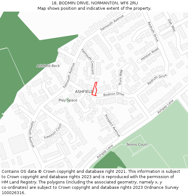 18, BODMIN DRIVE, NORMANTON, WF6 2RU: Location map and indicative extent of plot