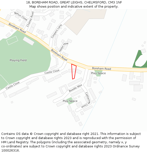 18, BOREHAM ROAD, GREAT LEIGHS, CHELMSFORD, CM3 1NF: Location map and indicative extent of plot