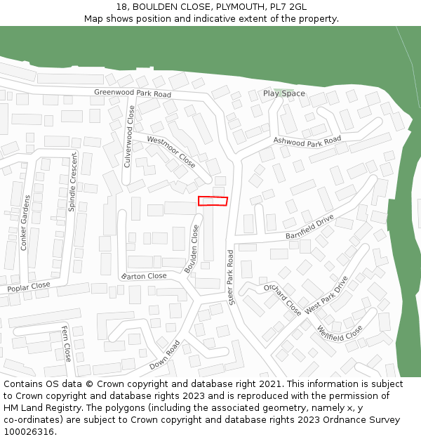 18, BOULDEN CLOSE, PLYMOUTH, PL7 2GL: Location map and indicative extent of plot