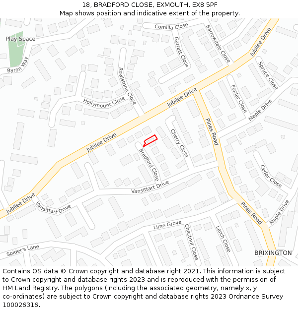 18, BRADFORD CLOSE, EXMOUTH, EX8 5PF: Location map and indicative extent of plot