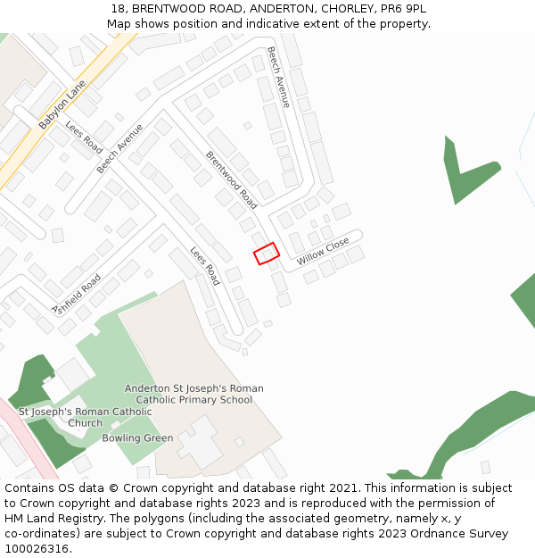 18, BRENTWOOD ROAD, ANDERTON, CHORLEY, PR6 9PL: Location map and indicative extent of plot