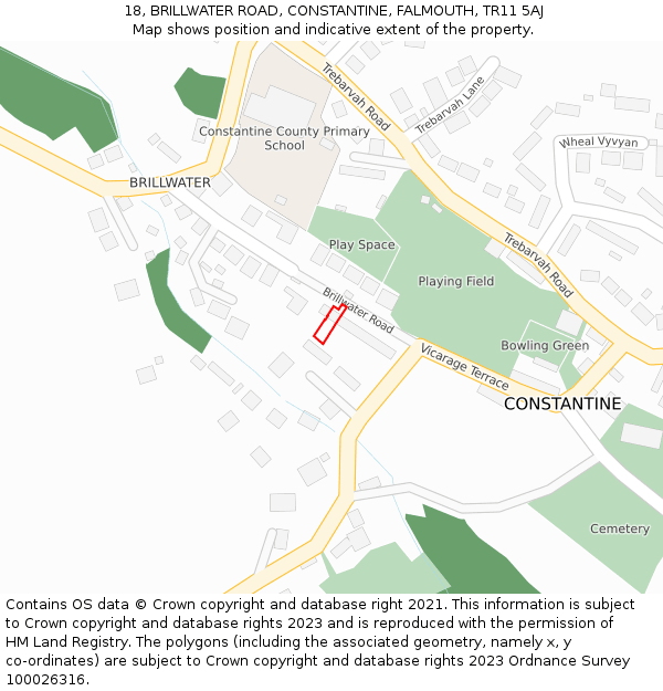 18, BRILLWATER ROAD, CONSTANTINE, FALMOUTH, TR11 5AJ: Location map and indicative extent of plot