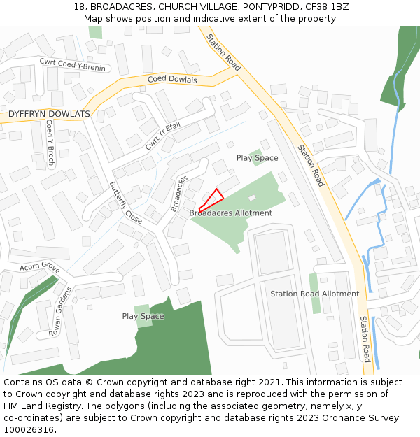 18, BROADACRES, CHURCH VILLAGE, PONTYPRIDD, CF38 1BZ: Location map and indicative extent of plot