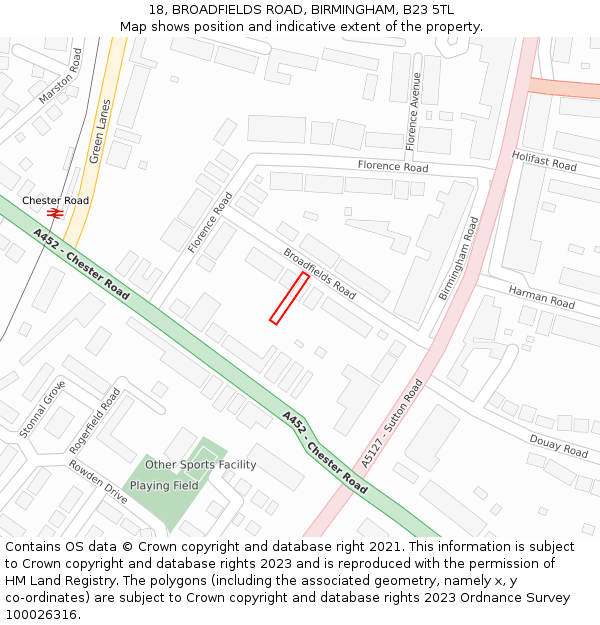 18, BROADFIELDS ROAD, BIRMINGHAM, B23 5TL: Location map and indicative extent of plot