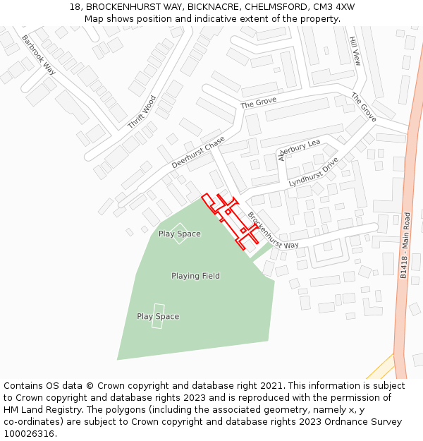18, BROCKENHURST WAY, BICKNACRE, CHELMSFORD, CM3 4XW: Location map and indicative extent of plot