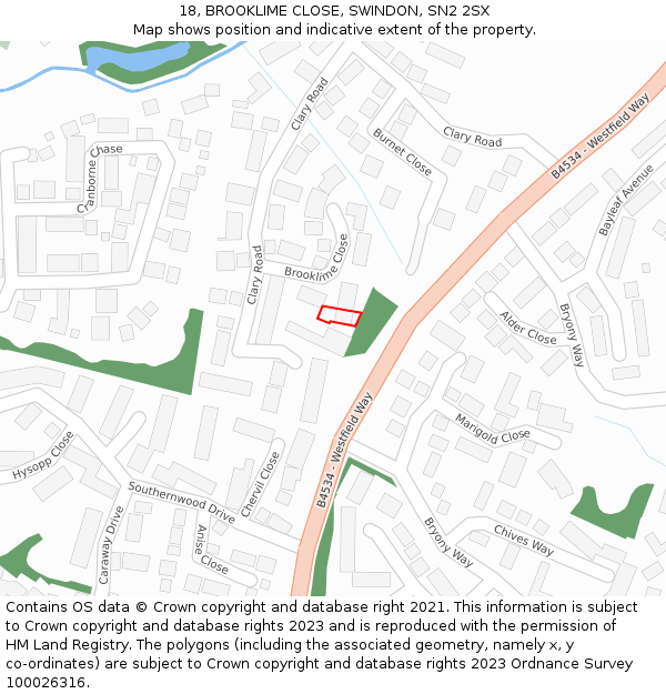 18, BROOKLIME CLOSE, SWINDON, SN2 2SX: Location map and indicative extent of plot