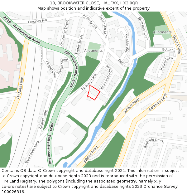 18, BROOKWATER CLOSE, HALIFAX, HX3 0QR: Location map and indicative extent of plot