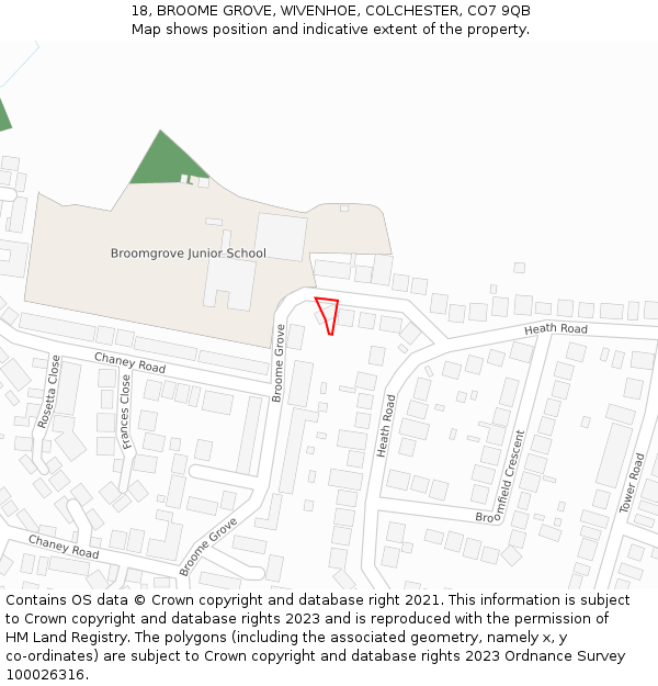 18, BROOME GROVE, WIVENHOE, COLCHESTER, CO7 9QB: Location map and indicative extent of plot