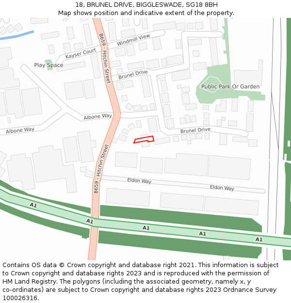 18, BRUNEL DRIVE, BIGGLESWADE, SG18 8BH: Location map and indicative extent of plot