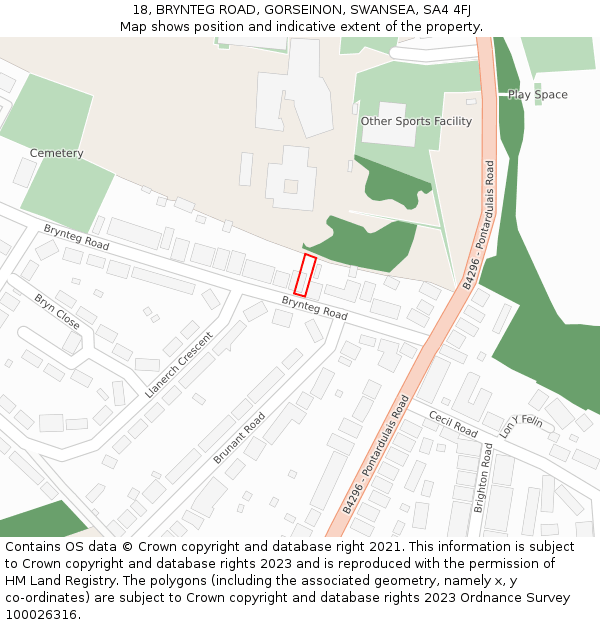 18, BRYNTEG ROAD, GORSEINON, SWANSEA, SA4 4FJ: Location map and indicative extent of plot