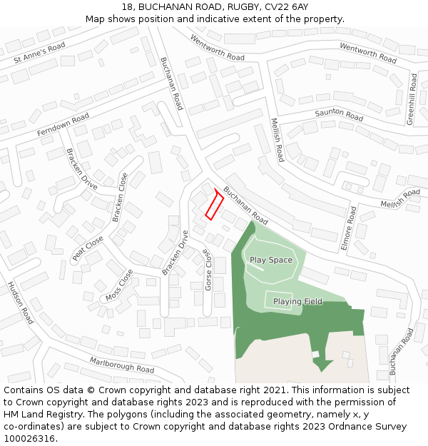 18, BUCHANAN ROAD, RUGBY, CV22 6AY: Location map and indicative extent of plot