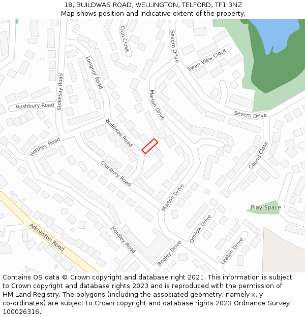 18, BUILDWAS ROAD, WELLINGTON, TELFORD, TF1 3NZ: Location map and indicative extent of plot